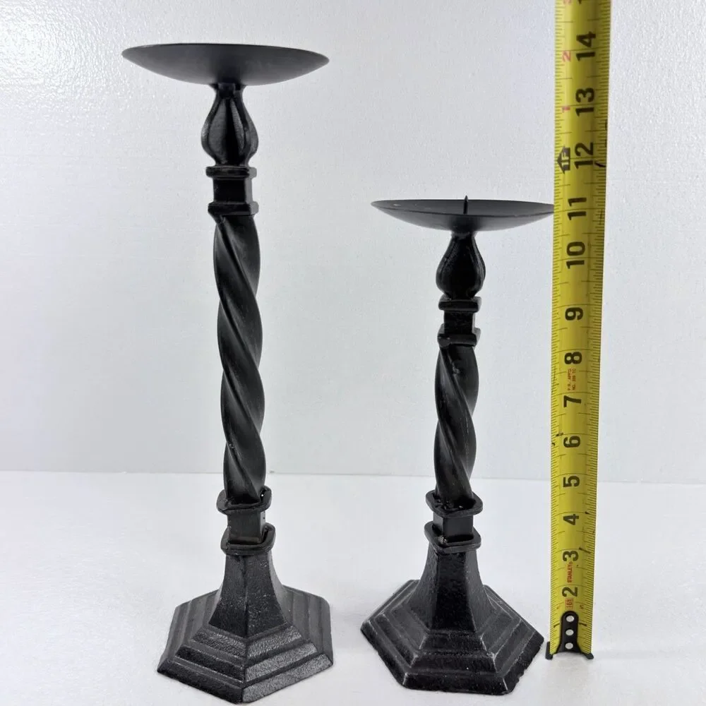 Vintage 2 Black Twist Cast Iron  Candle Holders 14